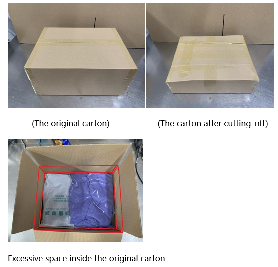 Lolobuy's packaging reference: an oversized original carton, the same carton cut down to size, and a box with excess empty space marked