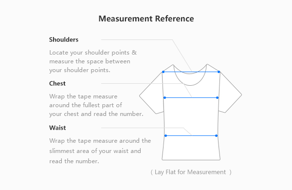 Lolobuy's measurement reference diagram, showing how to measure shoulders, chest and waist on a laid-flat garment