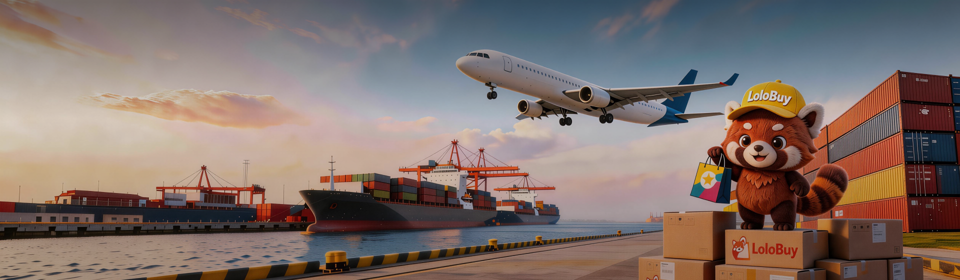 Illustration of a cargo ship and aircraft beside stacked parcels, Lolobuy mascot on top of a box
