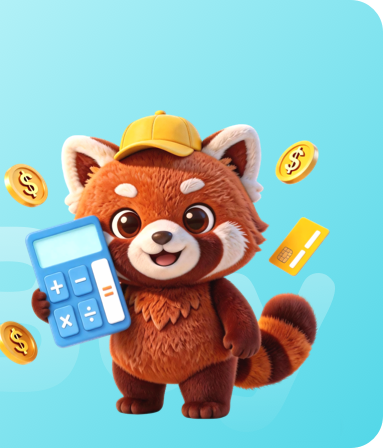 Lolobuy's red panda mascot holding a calculator, surrounded by coins and a card