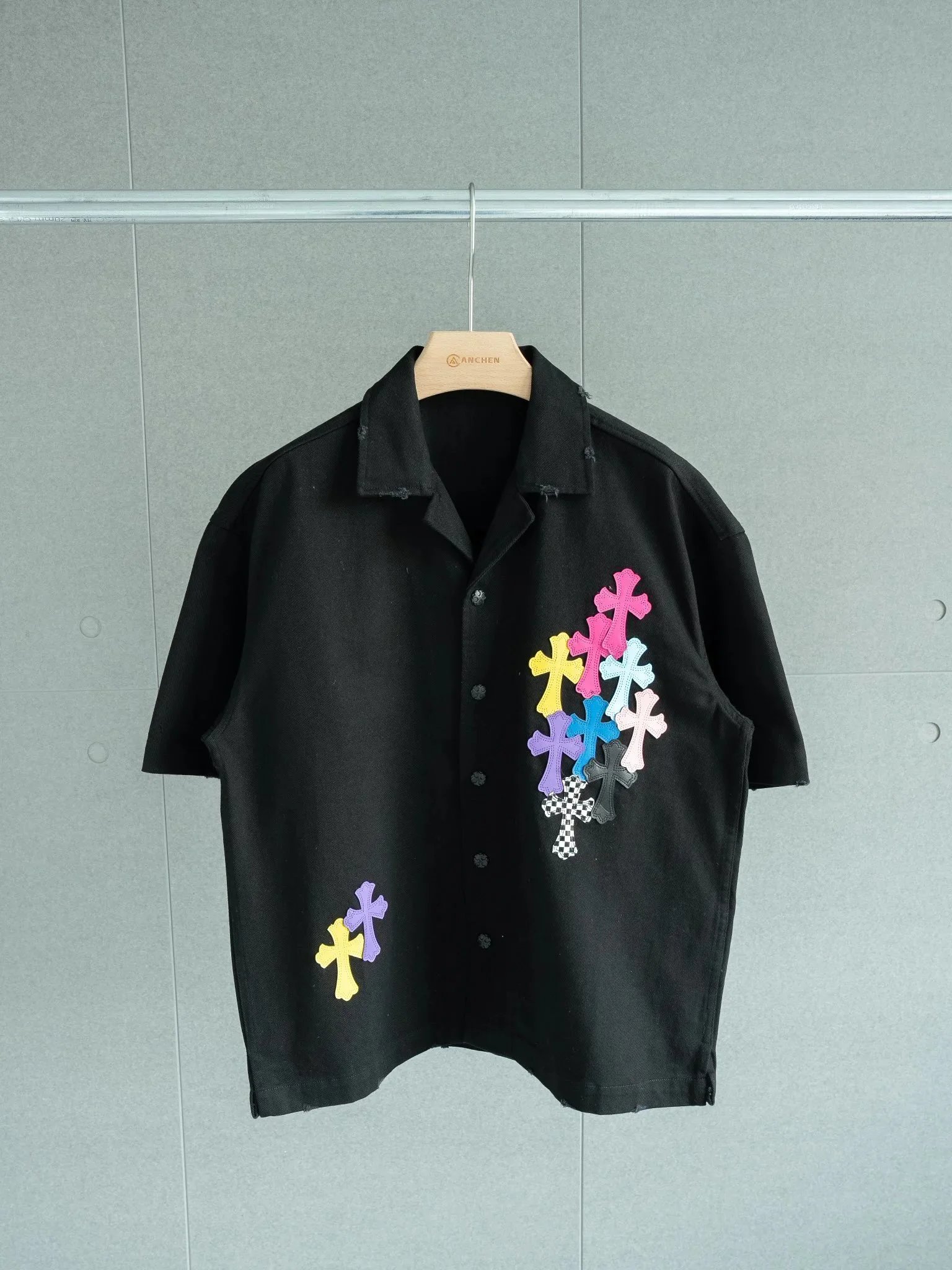 Black Short Sleeve Shirt with Colorful Cross Embroidery